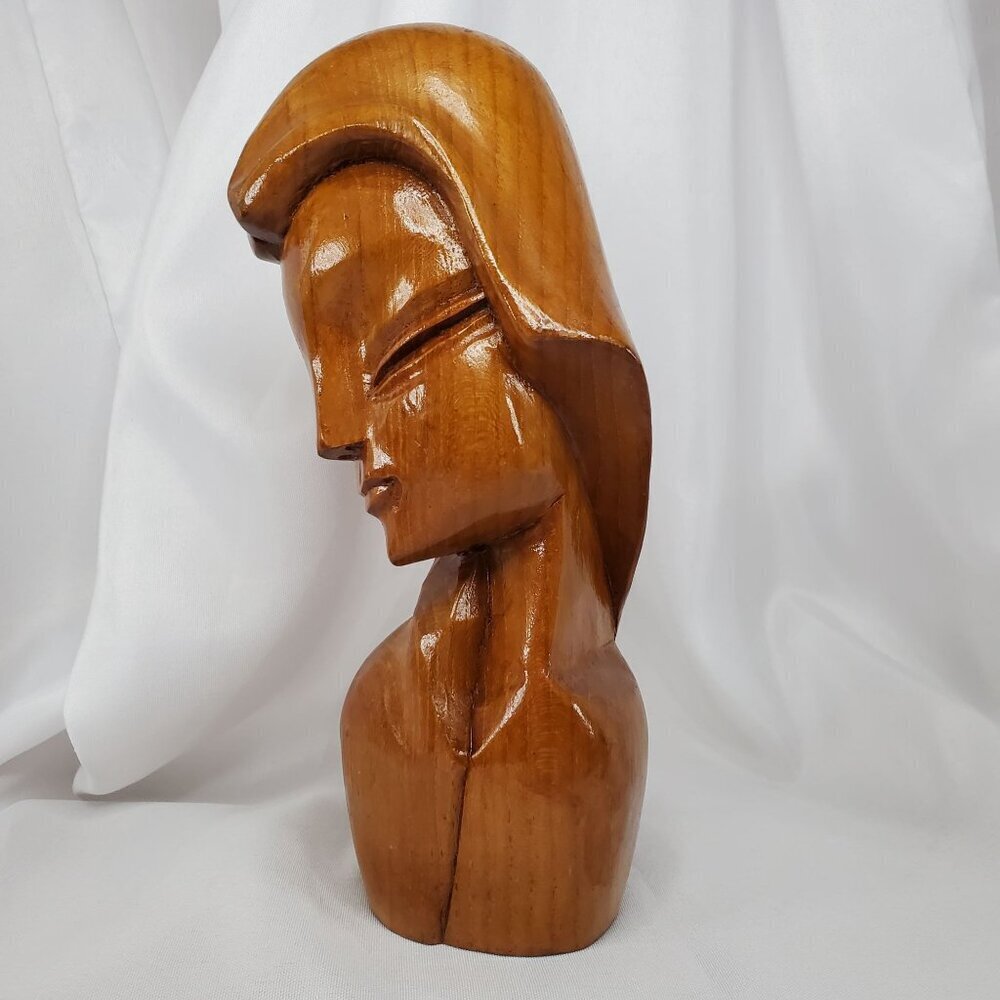 VTG Mid-Century Art Deco Carved Wood Women Female Bust Sculpture Handcrafted 8" - Picture 13 of 14